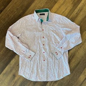 Paul Fredrick button down shirt red white green Santa hats holiday festive